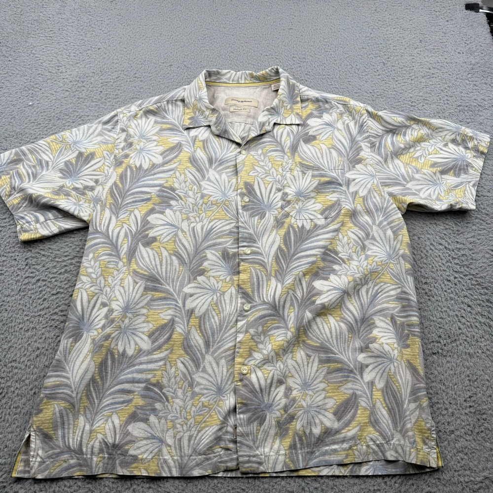 Tommy Bahama Shirt Mens XL Yellow Floral Leaf Silk Blend Original Fit